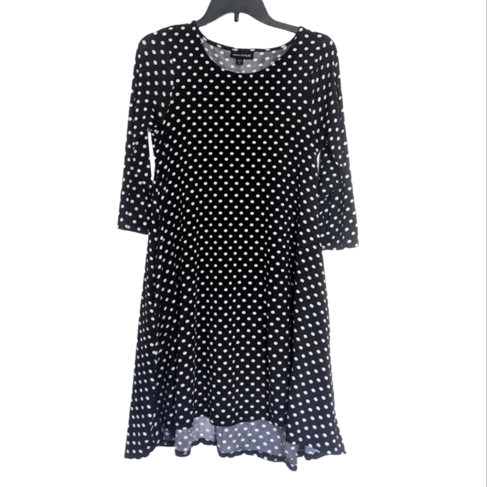 Nina Leonard Black and White Polka Dot Longsleeve Hi-Low Trapeze Jersey Dress S